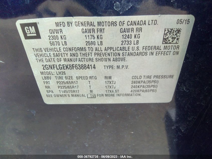 2015 CHEVROLET EQUINOX LT - 2GNFLGEK8F6388414