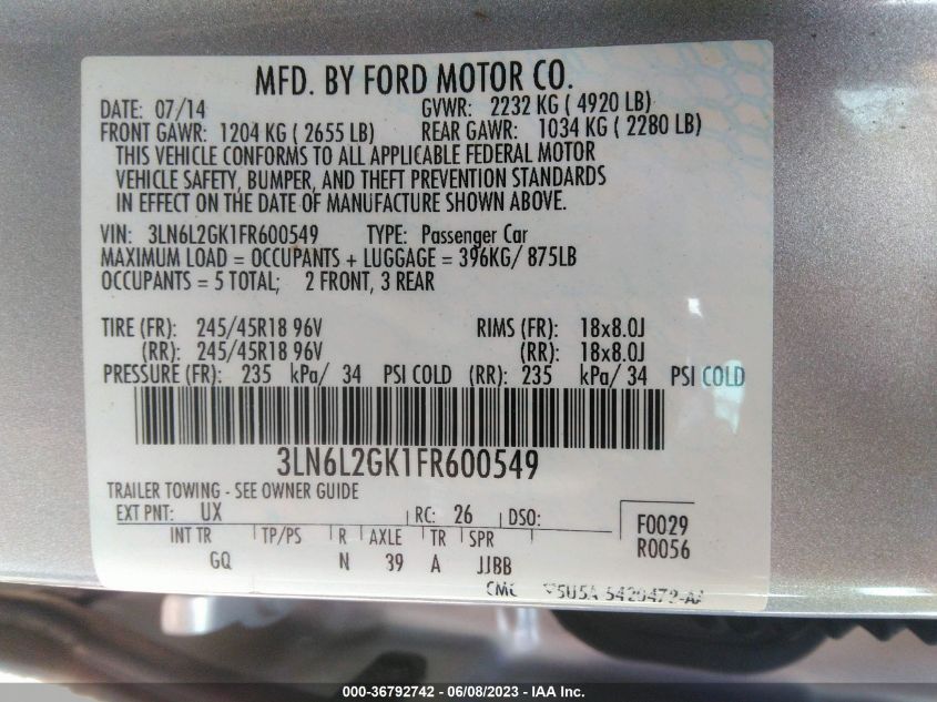 2015 LINCOLN MKZ - 3LN6L2GK1FR600549