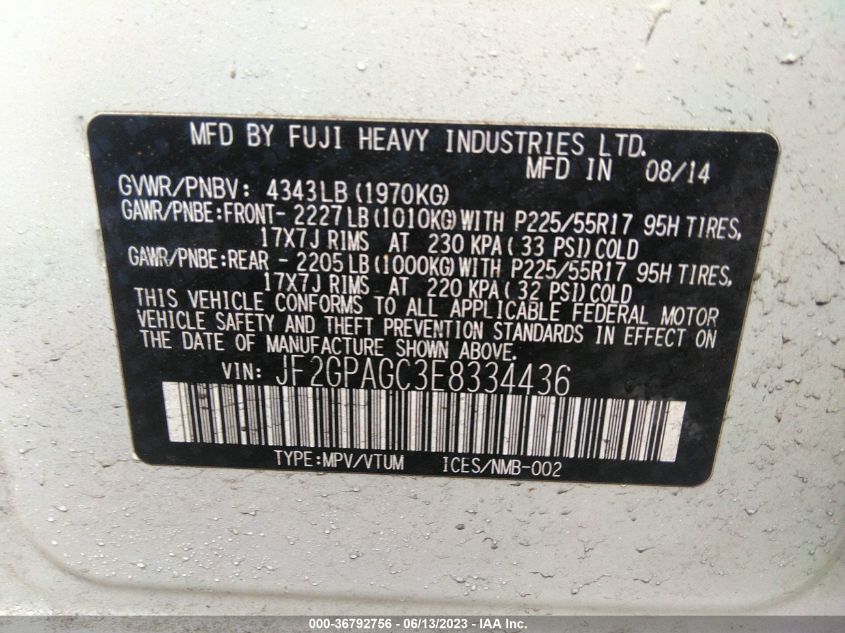 2014 SUBARU XV CROSSTREK 2.0 LIMITED - JF2GPAGC3E8334436