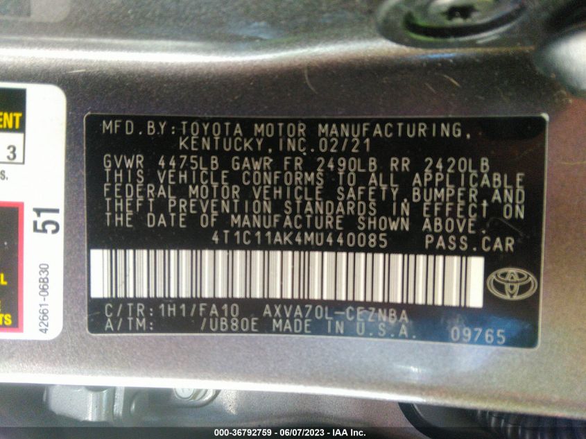 2021 TOYOTA CAMRY LE - 4T1C11AK4MU440085