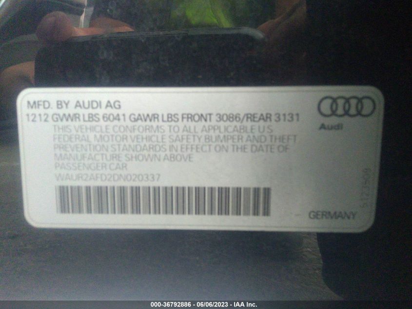 2013 AUDI A8 L 4.0L WAUR2AFD2DN020337