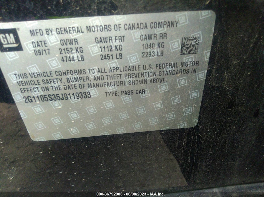 VIN 2G1105S35J9119333 2018 CHEVROLET IMPALA LT