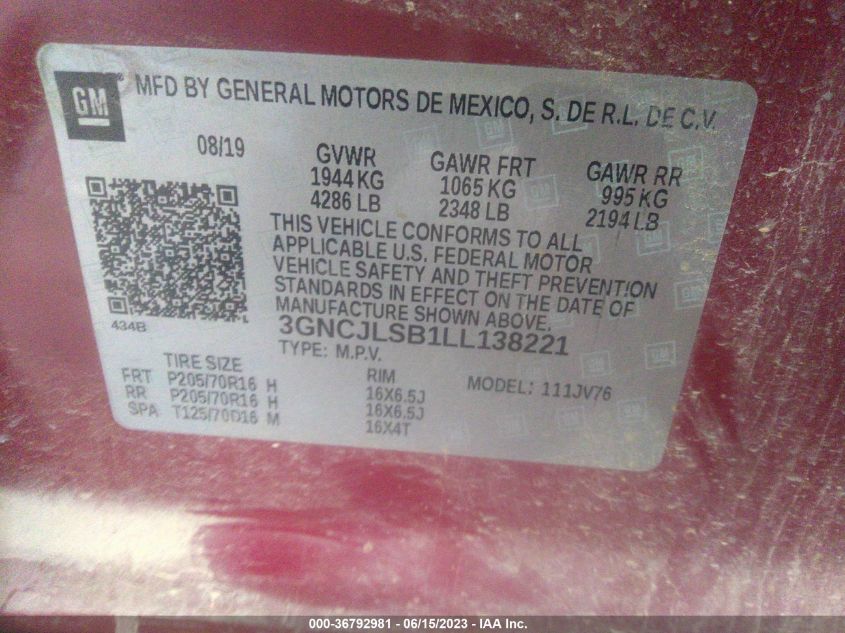 2020 CHEVROLET TRAX 1LT - 3GNCJLSB1LL138221