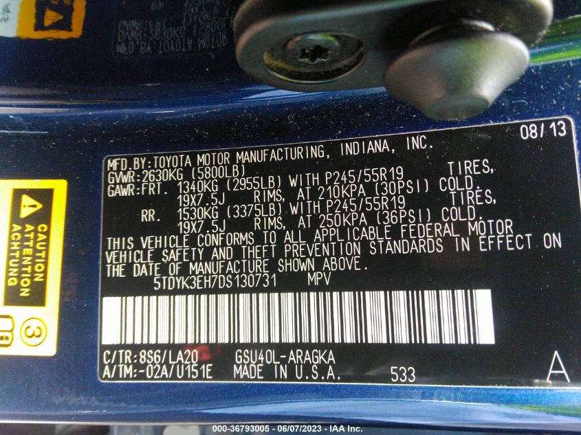 2013 TOYOTA HIGHLANDER LIMITED - 5TDYK3EH7DS130731