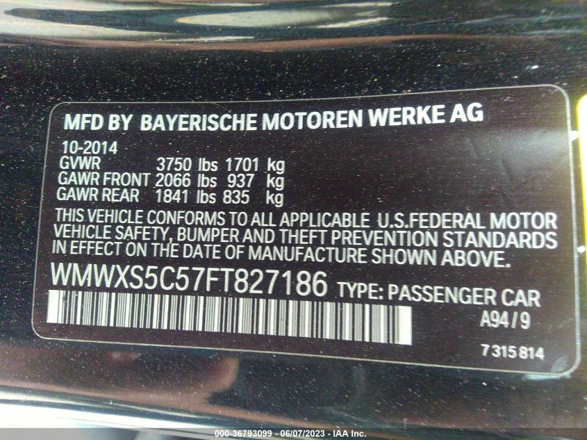 2015 MINI COOPER HARDTOP 4 DOOR WMWXS5C57FT827186