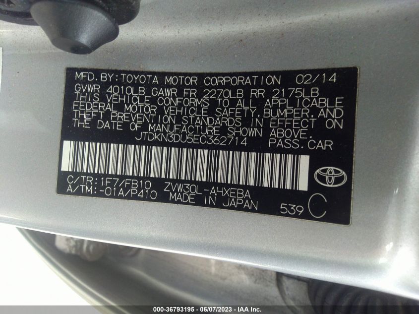 2014 TOYOTA PRIUS FOUR/FIVE/THREE/ONE/TWO - JTDKN3DU5E0362714