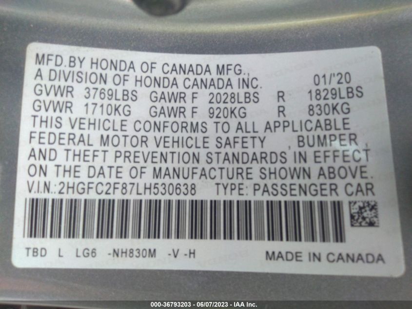 2020 HONDA CIVIC SEDAN SPORT - 2HGFC2F87LH530638