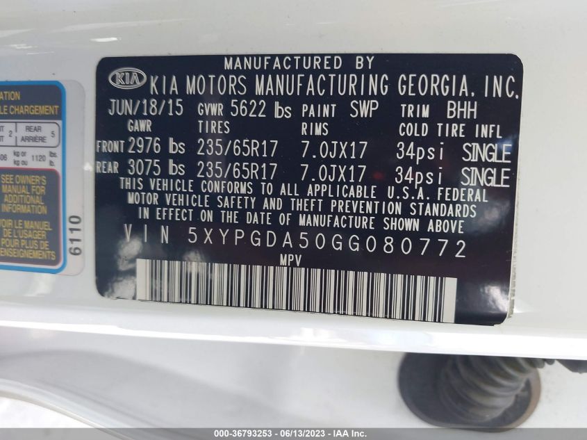 2016 KIA SORENTO LX - 5XYPGDA50GG080772