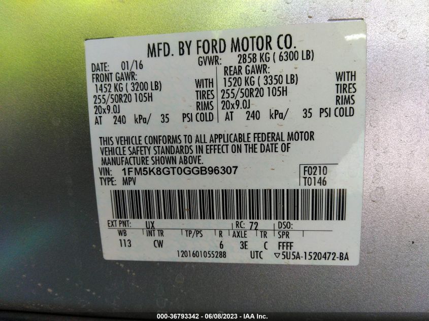2016 FORD EXPLORER SPORT - 1FM5K8GT0GGB96307
