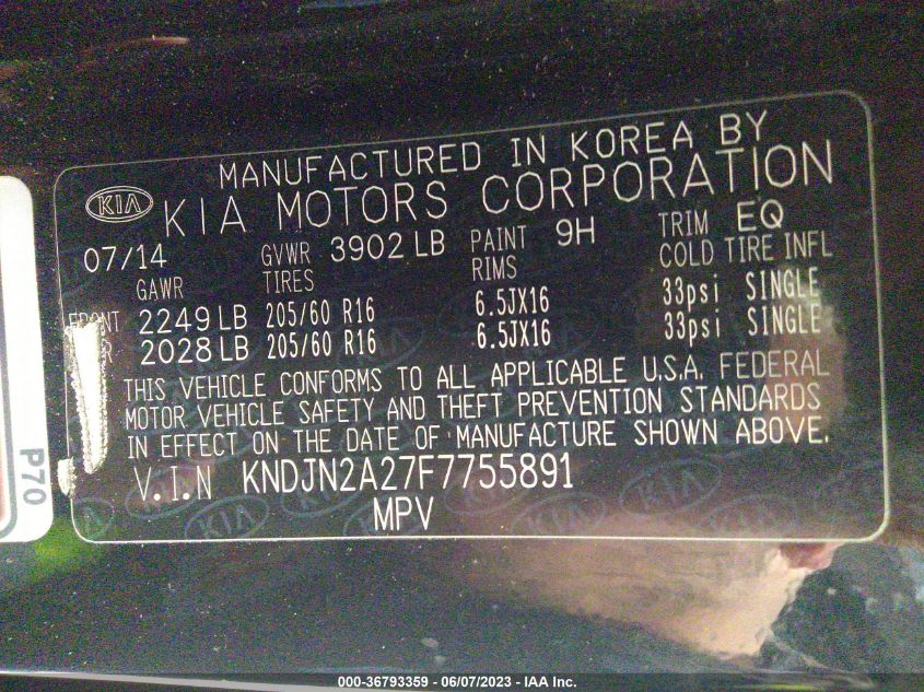 2015 KIA SOUL BASE - KNDJN2A27F7755891