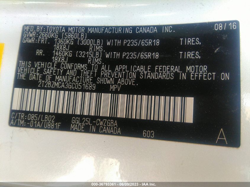 2016 LEXUS RX 350 - 2T2BZMCA3GC051689
