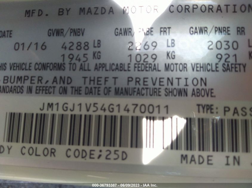 2016 MAZDA MAZDA6 I TOURING - JM1GJ1V54G1470011