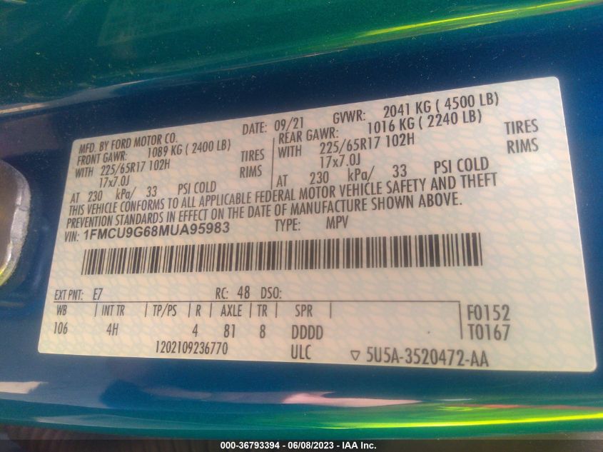 2021 FORD ESCAPE SE - 1FMCU9G68MUA95983
