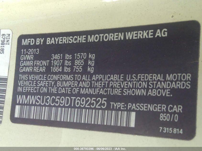 2013 MINI COOPER HARDTOP - WMWSU3C59DT692525