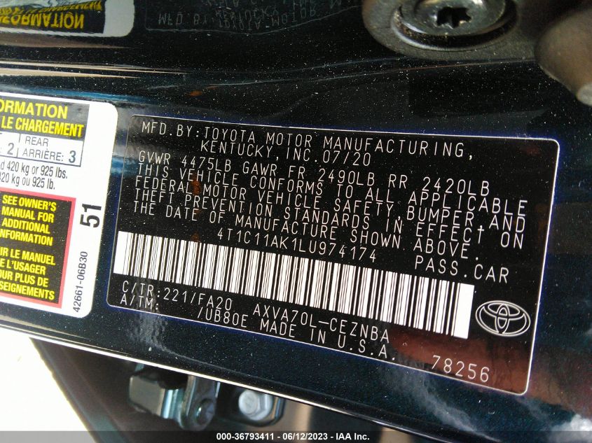 2020 TOYOTA CAMRY LE - 4T1C11AK1LU974174