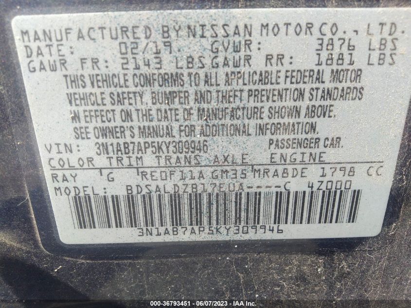 2019 NISSAN SENTRA SV - 3N1AB7AP5KY309946