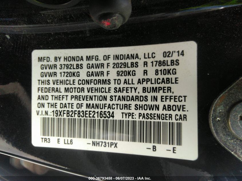 2014 HONDA CIVIC SEDAN EX - 19XFB2F83EE216534