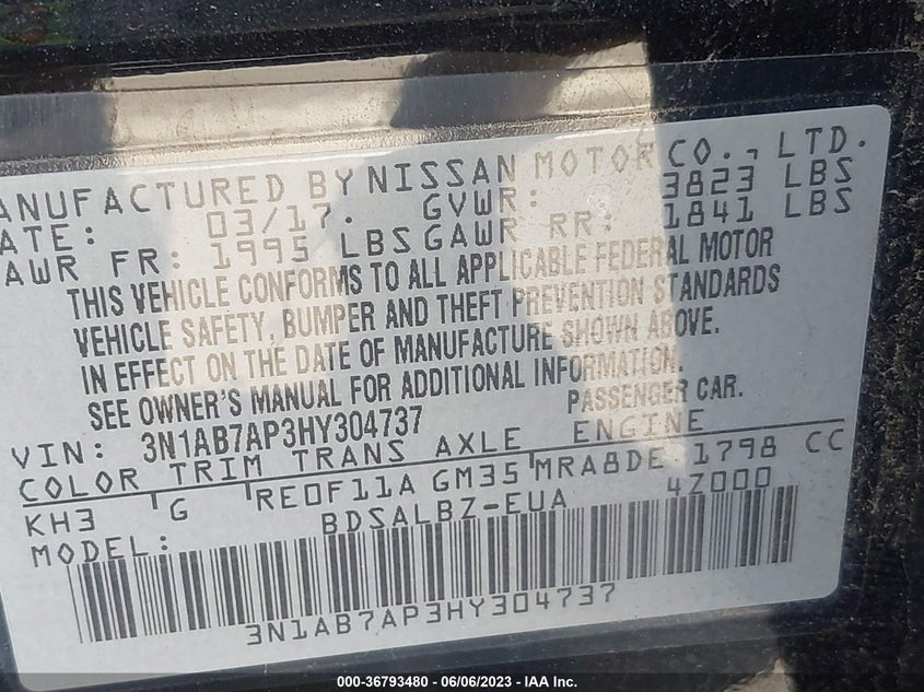 VIN 3N1AB7AP3HY304737 2017 NISSAN SENTRA S