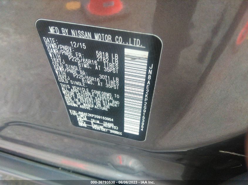 2016 NISSAN QUEST SV/S/PLATINUM/SL - JN8AE2KP2G9153954