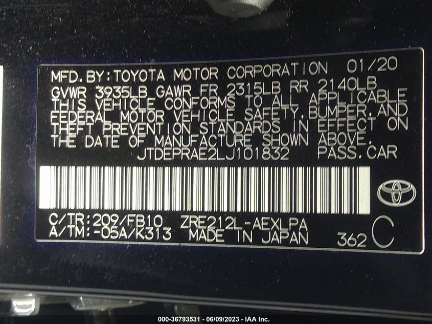 2020 TOYOTA COROLLA LE - JTDEPRAE2LJ101832