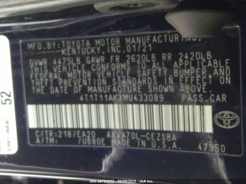 2021 TOYOTA CAMRY SE - 4T1T11AKXMU433089
