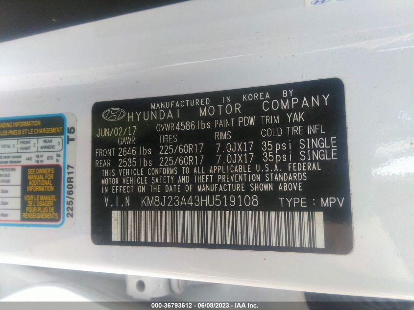 2017 HYUNDAI TUCSON SE - KM8J23A43HU519108