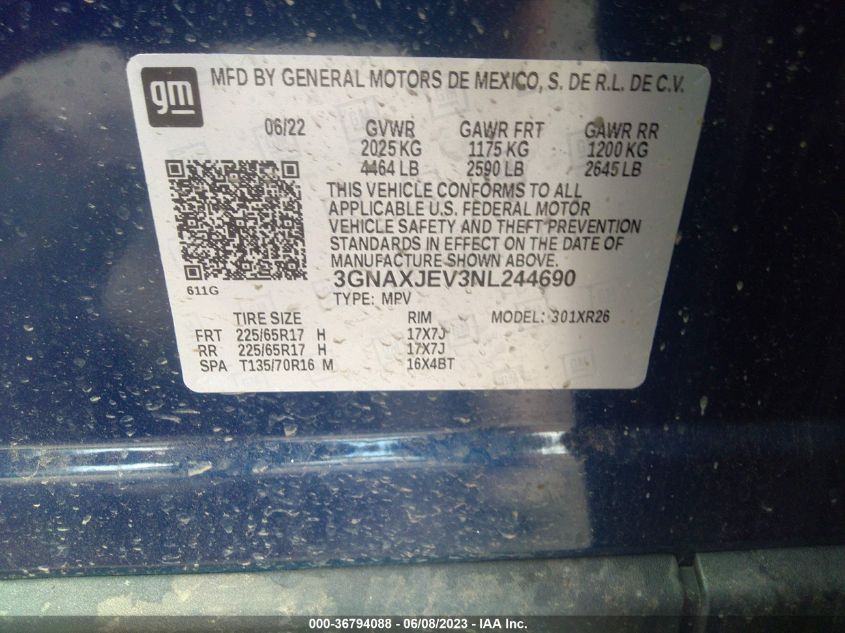 2022 CHEVROLET EQUINOX LT - 3GNAXJEV3NL244690