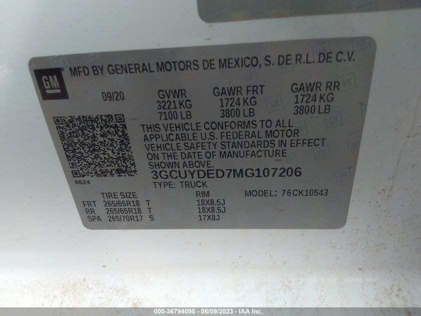 2021 CHEVROLET SILVERADO 1500 LT - 3GCUYDED7MG107206