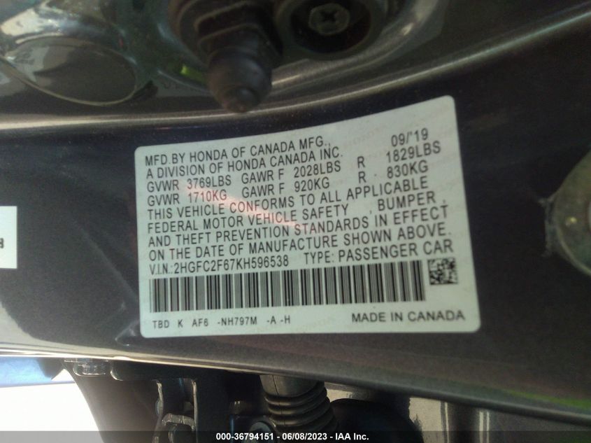 2019 HONDA CIVIC SEDAN LX - 2HGFC2F67KH596538