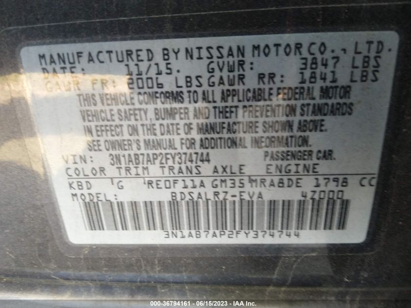 2015 NISSAN SENTRA SR - 3N1AB7AP2FY374744