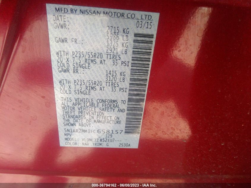 2015 NISSAN PATHFINDER PLATINUM - 5N1AR2MM3FC658157