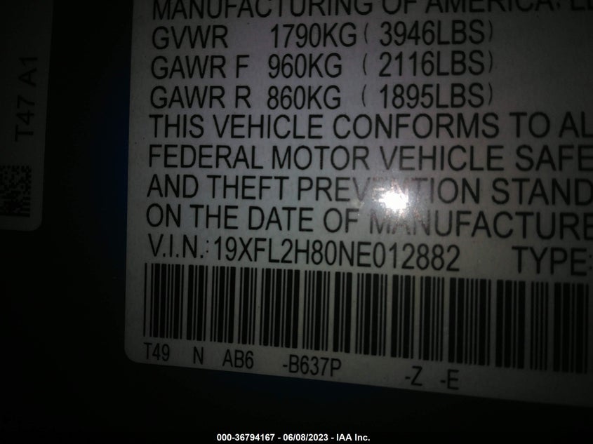 VIN 19XFL2H80NE012882 2022 HONDA CIVIC HATCHBACK SPORT