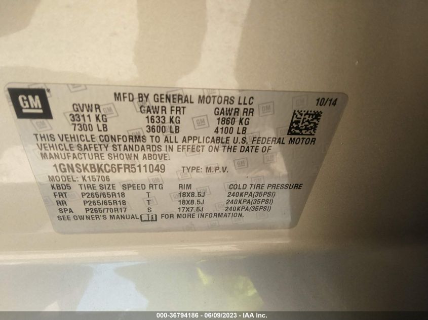 2015 CHEVROLET TAHOE LT - 1GNSKBKC6FR511049