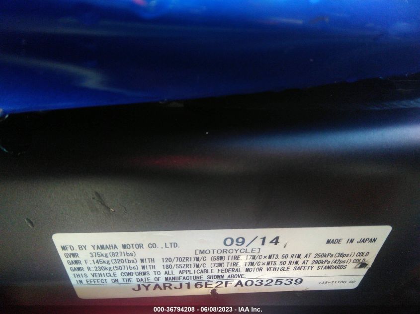 2015 YAMAHA YZFR6 JYARJ16E2FA032539