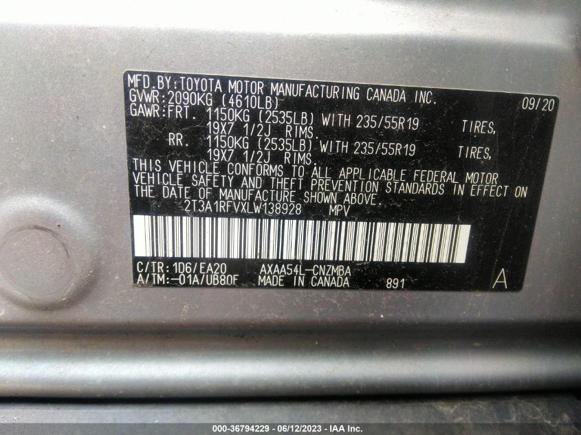 2020 TOYOTA RAV4 XLE PREMIUM - 2T3A1RFVXLW138928