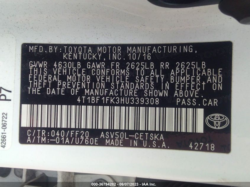 2017 TOYOTA CAMRY XLE/SE/LE/XSE - 4T1BF1FK3HU339308