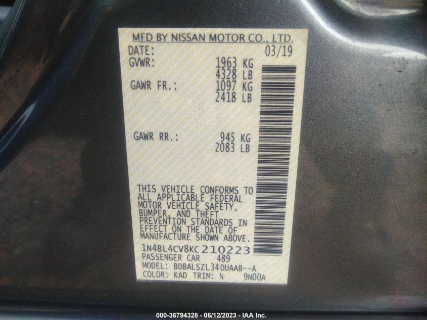 2019 NISSAN ALTIMA 2.5 SR - 1N4BL4CV8KC210223