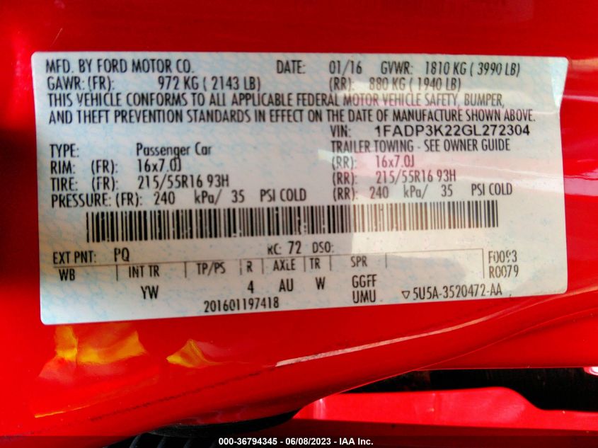2016 FORD FOCUS SE - 1FADP3K22GL272304