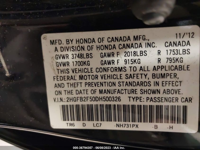 2013 HONDA CIVIC SDN LX - 2HGFB2F50DH500326
