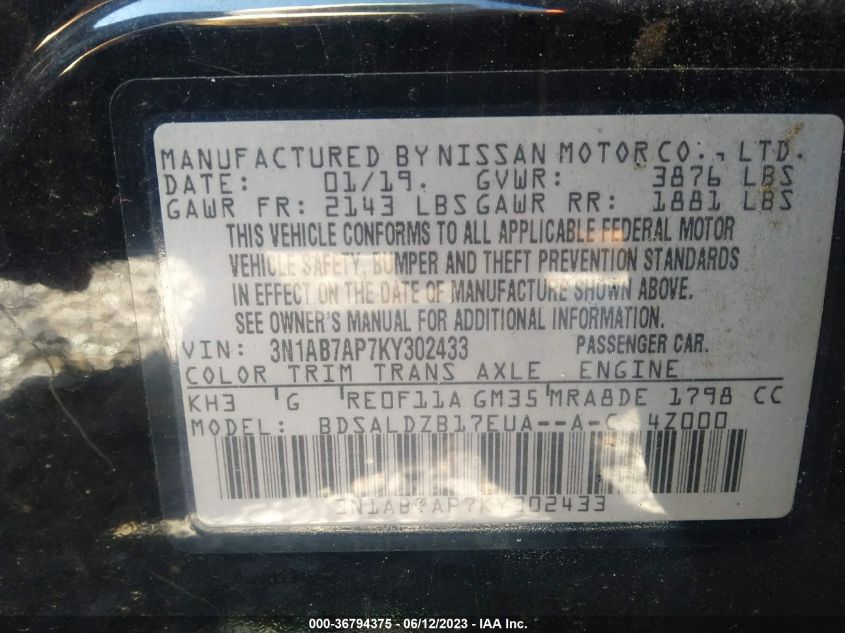 2019 NISSAN SENTRA SV - 3N1AB7AP7KY302433