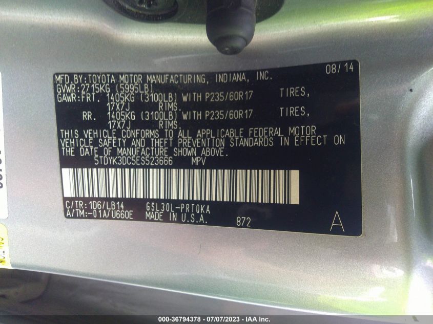 2014 TOYOTA SIENNA XLE/XLE AAS/LTD - 5TDYK3DC5ES523666
