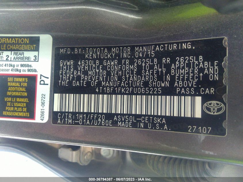 2015 TOYOTA CAMRY XLE/SE/LE/XSE - 4T1BF1FK2FU065225