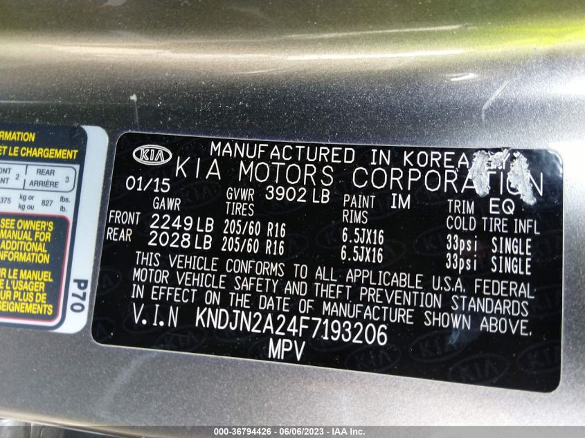 2015 KIA SOUL BASE - KNDJN2A24F7193206