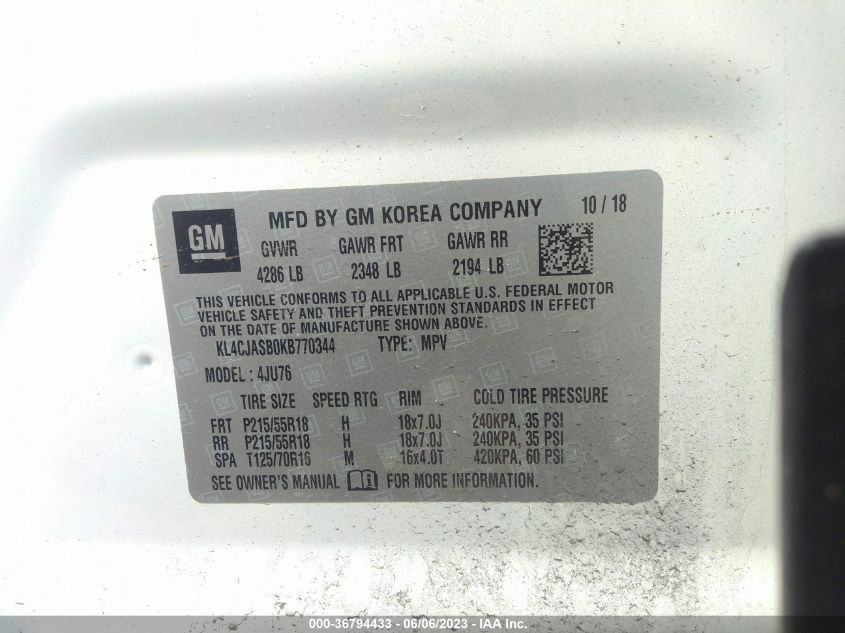 2019 BUICK ENCORE PREFERRED - KL4CJASB0KB770344