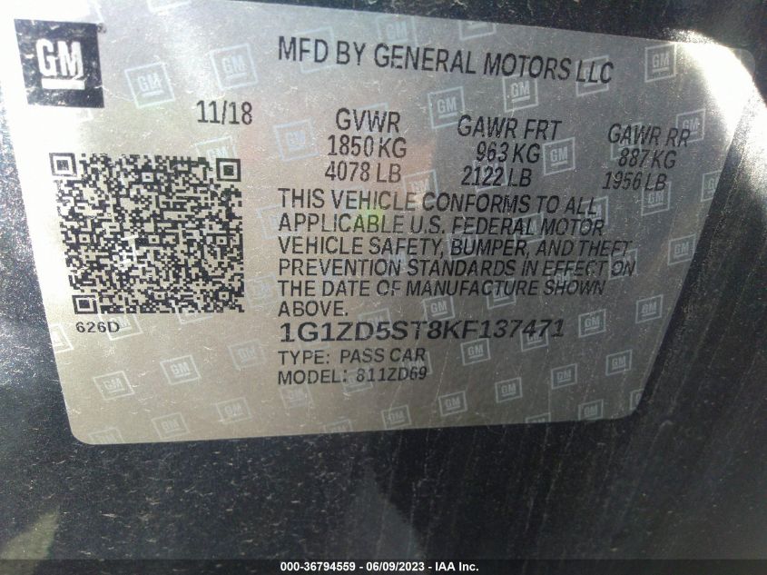 2019 CHEVROLET MALIBU LT - 1G1ZD5ST8KF137471