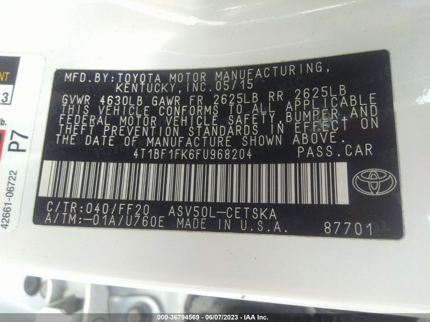 2015 TOYOTA CAMRY XLE/SE/LE/XSE - 4T1BF1FK6FU968204