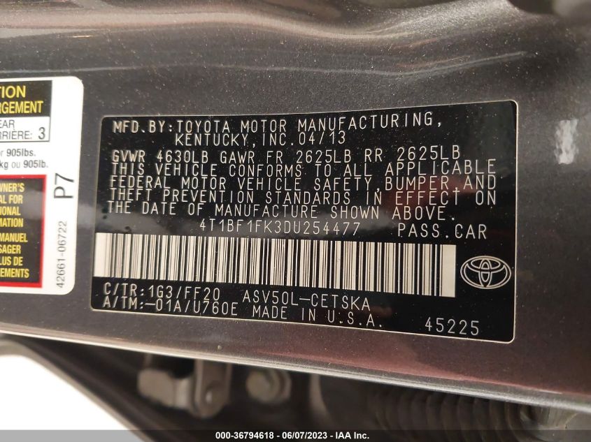 2013 TOYOTA CAMRY L/LE/SE/XLE - 4T1BF1FK3DU254477