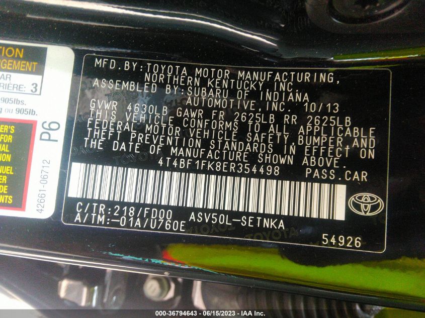 2014 TOYOTA CAMRY L/LE/XLE/SE/SE SPORT - 4T4BF1FK8ER354498