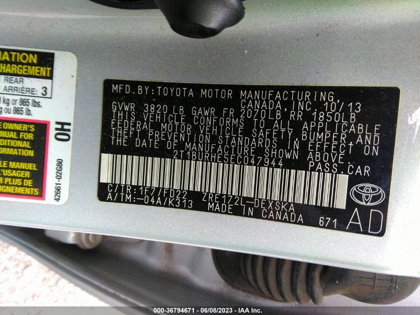 2014 TOYOTA COROLLA L/LE/S/S PLUS/LE PLUS - 2T1BURHE5EC047944
