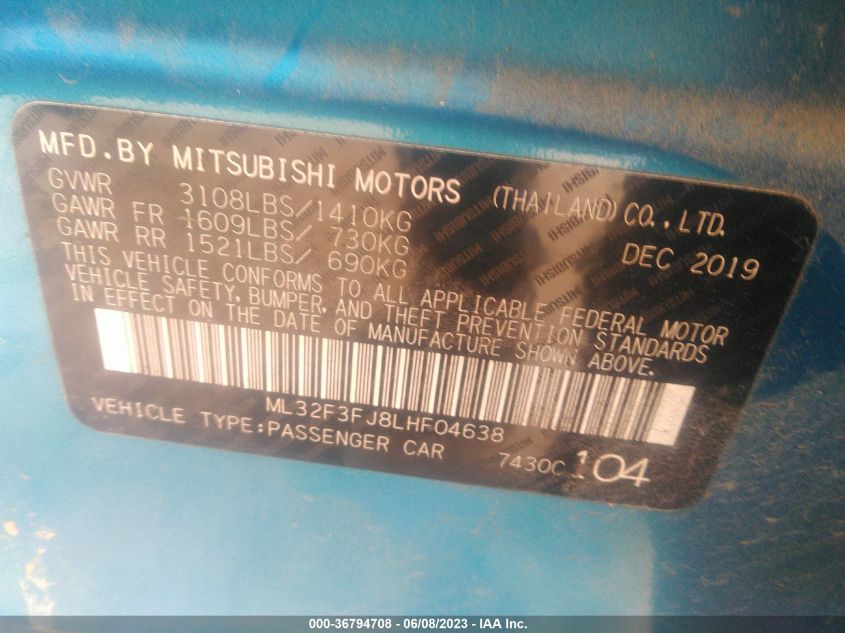 2020 MITSUBISHI MIRAGE G4 ES - ML32F3FJ8LHF04638